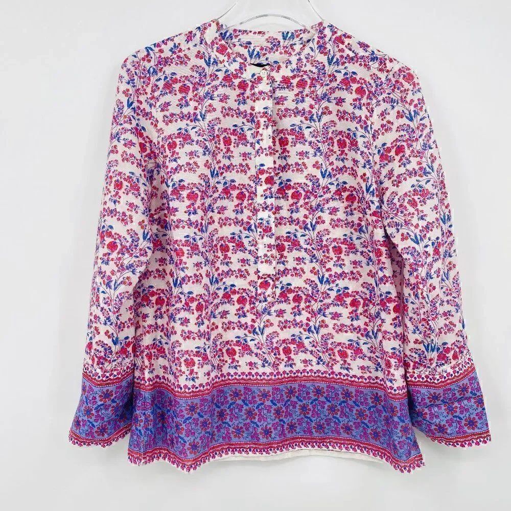 J. Crew Size XS Summery Metallic Thread Iris Block Print Tunic Top Pink & Blue